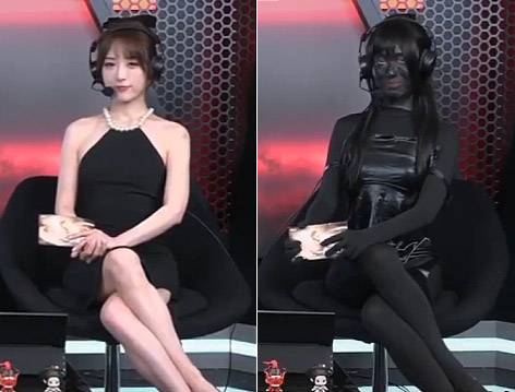 시청자들로부터 노출에 대한 지적을 받고 전신에 흑칠을 한 채 등장한 中 여성 게임해설자 [틱톡 캡처]