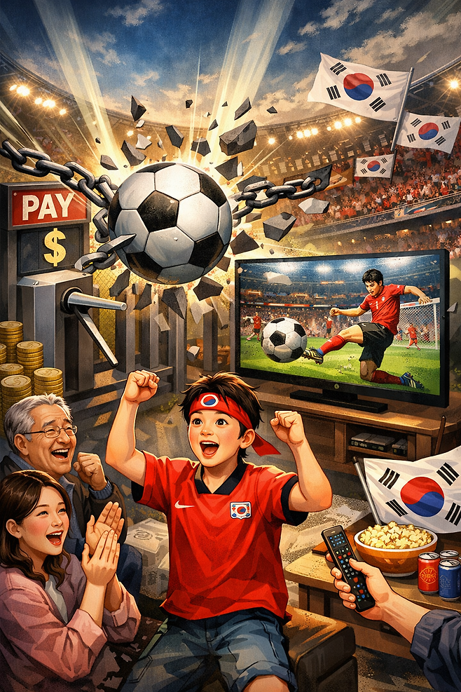 종합편성채널 JTBC는 ‘2026 국제축구연맹(FIFA) 북중미 월드컵’ 중계권 판매 협상을 이어오던 지상파 방송사 3사 중 우선 KBS와 공동중계에 합의했다고 20일 밝혔다. 방송가에 따르면, 양사는 140억원에 협상을 타결한 것으로 알려졌다. ChatGPT(AI) 생성 이미지