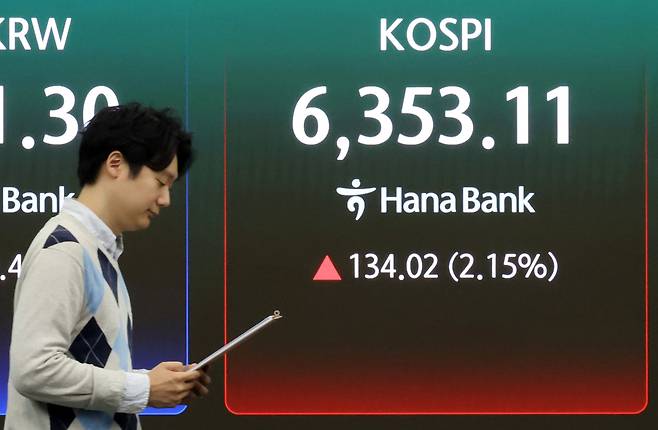 코스피가 장중 사상 최고치를 경신한 21일 오전 서울 중구 하나은행 본점 딜링룸 현황판. 뉴스1