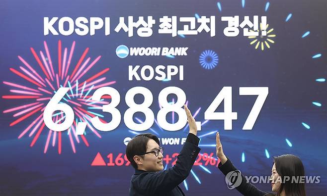 코스피, 2.7% 급등 6,380선 마감 (서울=연합뉴스) 이지은 기자 = 코스피가 2% 넘게 상승해 사상 최고치에서 장을 마친 21일 서울 중구 우리은행 본점 딜링룸 현황판에 코스피가 표시되고 있다. 이날 코스피는 전장보다 169.38포인트(2.72%) 오른 6,388.47에 거래를 마치며 지난 2월 26일 기록한 종가 기준 사상 최고점(6,307.27)을 약 2개월 만에 경신했다. 코스닥지수는 전장보다 4.18포인트(0.36%) 오른 1,179.03에 장을 마쳤다. 2026.4.21 jieunlee@yna.co.kr