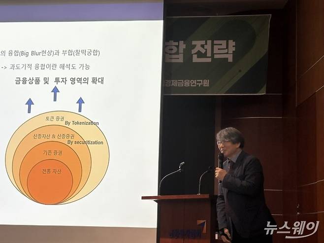 정유신 디지털경제금융연구원장이 22일 서울 여의도 금융투자협회 불스홀에서 열린 디지털 자본시장과 녹색 디지털 금융의 통합 전략 세미나에서 발표하고 있다. 사진=한종욱 기자