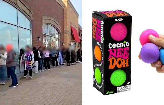 촉감 장난감 '니도'(오른쪽)와 니도를 사기 위해 매장 앞에 늘어선 대기 줄. 틱톡 캡처