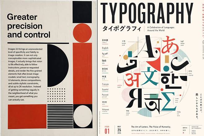 오픈AI가 공개한 이미지 생성 모델 ‘이미지 2.0’ 소개 자료(왼쪽). 세밀한 지시 수행과 텍스트 표현 정확도 개선을 강조하고 있다. 오른쪽 사진은 다양한 언어 텍스트를 포함한 이미지 구성 예시. 이미지 생성 AI의 다국어 텍스트 렌더링 성능이 주요 경쟁 요소로 부상하고 있다. 오픈AI