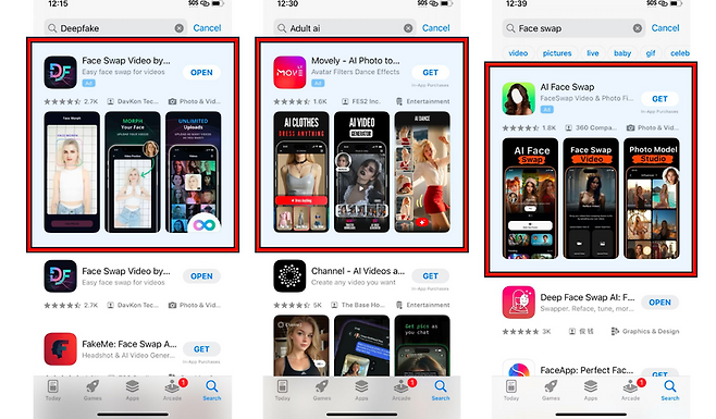 얼굴을 타인의 몸에 합성해주는 '누디파이' 앱 목록. 테크 트랜스패런시 프로젝트(TTP) 보고서 갈무리