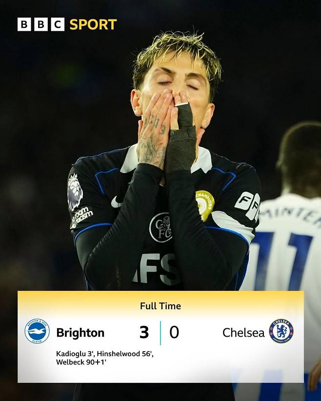 22일 브라이턴과의 원정경기서 0-3으로 완패하며 최근 리그 5연패 늪에 빠진 첼시. 사진은 경기 중 아쉬움을 드러내는 첼시 가르나초. 사진=BBC