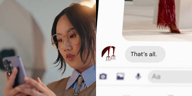 영화 속 신규 캐릭터 진(헬렌 제이 셴)이 악명 높은 패션지 편집장 미란다 프리슬리(메릴 스트립)의 갑작스러운 요구를 갤럭시 S26 울트라의 '서클 투 서치' 기능으로 해결하는 장면. / 사진=삼성 유튜브 캡처