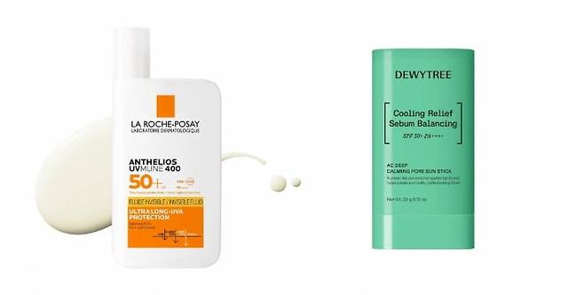 [좌] NEW 라로슈포제 안뗄리오스 선 플루이드 / 사진출처. ⓒ LA ROCHE-POSAY/올리브영 홈페이지  [우] 듀이트리 AC 딥 카밍 포어 선스틱 / 사진출처. ⓒ 듀이트리/올리브영 홈페이지