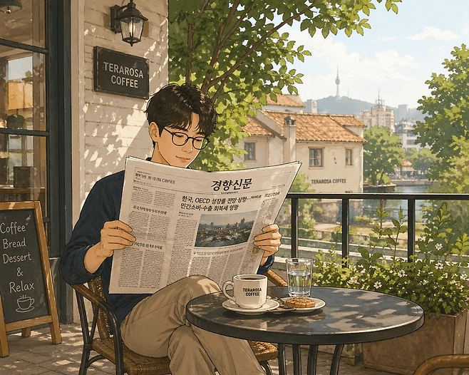 새로 나온 오픈AI 이미지 생성 도구로 만들어 본 일러스트. ‘느긋한 카페 테라스에 앉아 경향신문을 읽는 사람 일러스트를 그려달라’는 주문으로 꽤 자연스러운 이미지를 만들어냈다. 본문 일부 한글은 여전히 어색하다. 일러스트 | 챗GPT