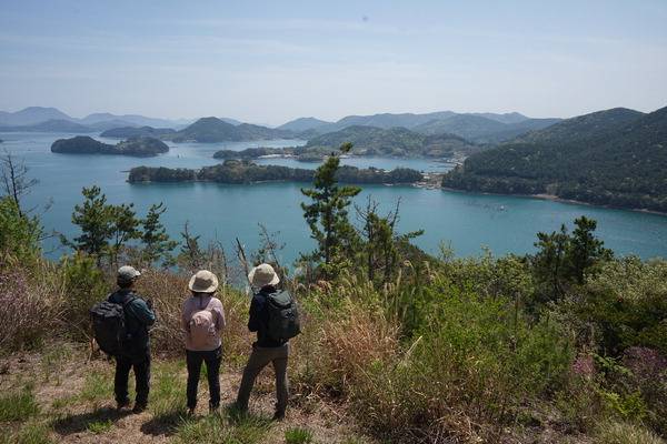 경남 거제시 둔덕면 술역리 화도의 최고봉인 와선산은 일출 전망대로 조망이 시원하게 열린다. 취재팀이 와선산에서 남동쪽 한려해상국립공원을 보고 있다. 멀리 왼쪽부터 거제도의 가라산 왕조산 망산이며, 취재팀 정면 왼쪽의 바다로 둘러싸인 작은 섬은 비산도, 그 뒤는 좌도이다. 사진 오른쪽은 한산도의 망산이다.