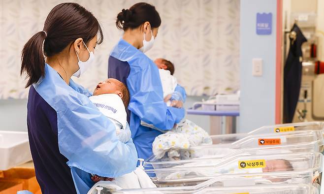 22일 경기 고양시 CHA의과학대학교 일산차병원 신생아실에서 간호사가 신생아들을 돌보고 있다. 출생아 수가 2019년 이후 최대치를 기록하고 증가율은 역대 최고 수준까지 치솟았다. 출산율도 1년 넘게 상승세를 이어가며 저출생 반등 흐름이 이어지는 모습이다. 뉴시스