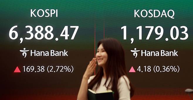 21일 코스피가 2% 넘게 상승하며 6388.47에 거래를 마쳤다. 사진은 이날 서울 중구 하나은행 본점 딜링룸 모습 ⓒ연합뉴스