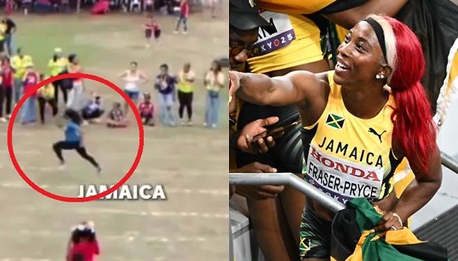 셜리 앤 프레이저 프라이스(왼쪽)가 아들의 학교 운동회에 출전해 역주하는 모습. /사진=더선 갈무리