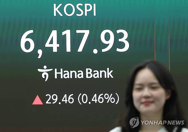 6400선 돌파한 코스피 (서울=연합뉴스) 김성민 기자 = 22일 서울 중구 하나은행 본점 딜링룸 현황판에 코스피가 표시돼 있다. 이날 코스피는 29.46포인트(0.46%)오른 6417.93으로 마감했다. 2026.4.22 ksm7976@yna.co.kr
