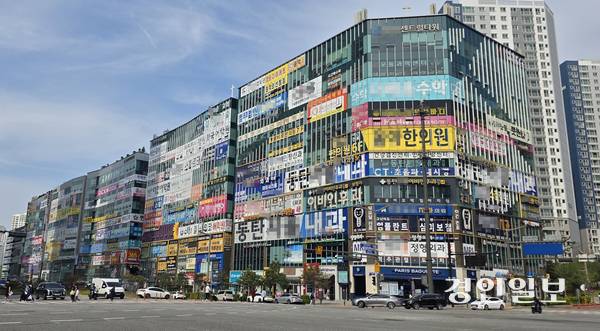 화성시 동탄구 호수공원교차로에 위치한 고층상가 건물에 입간판들이 난립하며 소비자들에게 혼선을 가중시키고 있다. 2026.4.23 화성/신창윤기자 shincy21@kyeongin.com