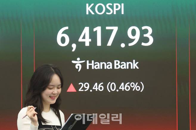 코스피가 종가 기준 사상 처음으로 6400선을 돌파한 22일 오후 서울 중구 하나은행 딜링룸 전광판에 코스피 지수 종가 시황이 나타나고 있다. (사진=이데일리 이영훈 기자)