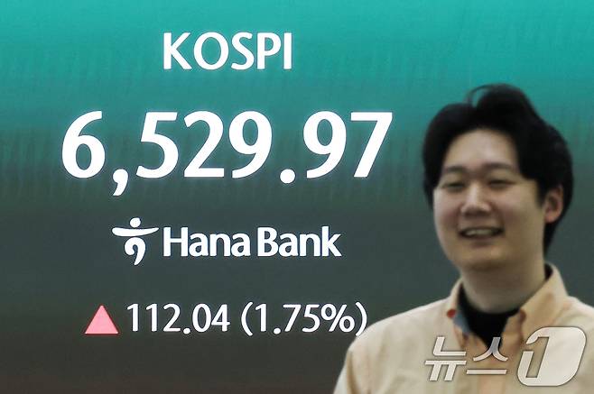 코스피가 연일 최고치를 경신하며 상승 출발한 23일 오전 서울 중구 하나은행 딜링룸 전광판에 코스피 지수가 표시되고 있다. 이날 코스피는 전 거래일 대비 70.90포인트(1.10%) 상승한 6488.83에 개장했다. 2026.4.23 ⓒ 뉴스1 임지훈 인턴기자