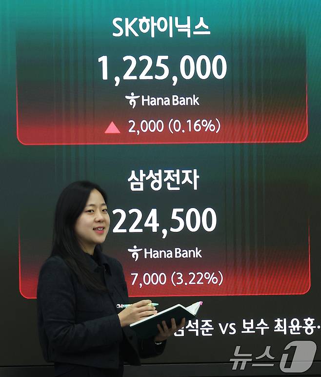 코스피가 종가 기준 사상 최고치를 경신한 23일 오후 서울 중구 하나은행 딜링룸 전광판에 삼성전자와 SK하이닉스 종가가 표시되고 있다.  2026.4.23 ⓒ 뉴스1 오대일 기자