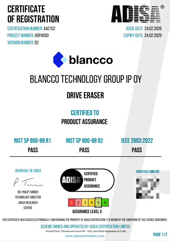 블랑코 NIST SP 800-88 R2 기준 ADISA Product Assurance 인증서