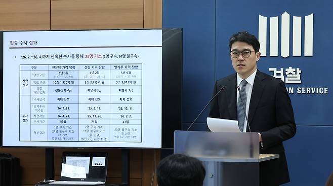 나희석 서울중앙지검 공정거래조사부 부장검사가 23일 서초구 서울고검 브리핑룸에서 전분당 및 부산물 가격 담합사건 수사결과를 발표하고 있다.  연합뉴스.