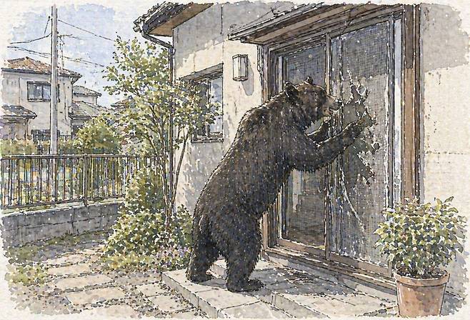 곰이 주택 입구 방충망을 뜯는 모습. 기사의 이해를 돕기 위해 생성형 인공지능(AI)으로 제작한 이미지입니다.