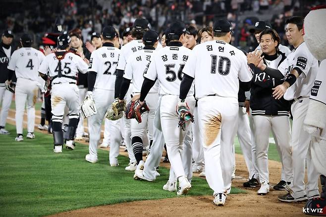 ▲ 승리 세리머니 중인 KT 위즈 선수들 ⓒKT 위즈