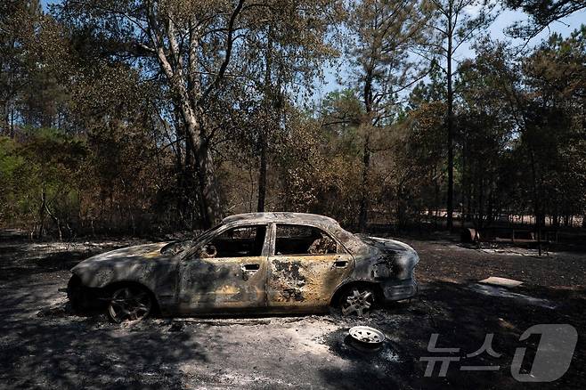 조지아주 앳킨슨에서 23일 산불이 발생해 차량이 전소했다. 2026.4.23 ⓒ AFP=뉴스1