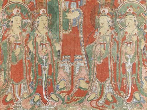 안동 봉정사 괘불의 문수보살(오른쪽에서 두 번째), 보현보살(왼쪽에서 두 번 째) 부분Ⓒ성보문화유산연구원