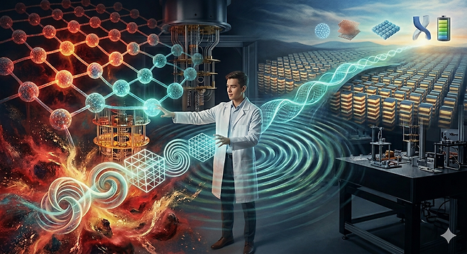 양자 컴퓨터의 노이즈를 스스로 보정하는 '자가 완화' 기술을 통해 104큐비트의 방대한 계산을 성공적으로 수행하는 모습을 상징적으로 시각화했다. 불안정한 양자 시스템이 안정을 찾아가며 배터리 신소재 설계 등 실무적인 영역으로 확장되는 '양자 실용성'의 시대를 표현하고 있다. (그래픽=제미나이 생성)