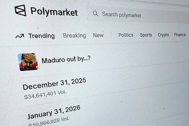 예측 시장 웹사이트 ‘폴리마켓’(Polymarket)에서 마두로의 축출 시점을 놓고 베팅이 진행되고 있다. AP=연합뉴스