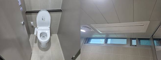 세화고 내 남자화장실 모습. (좌) 모든 칸마다 비데가 설치되어 있다. / (우) 화장실에 시스템 냉난방기가 설치되어 있다.