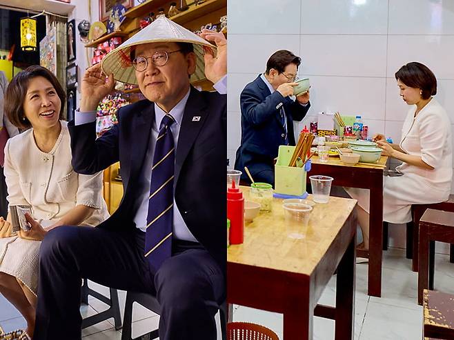 청와대는 베트남을 국빈 방문 중인 이재명 대통령과 김혜경 여사가 23일(현지시간) 하노이 호안끼엠 호수 인근 구시가지에서 산책하는 모습을 24일 SNS에 공개했다. 이재명 대통령 SNS.