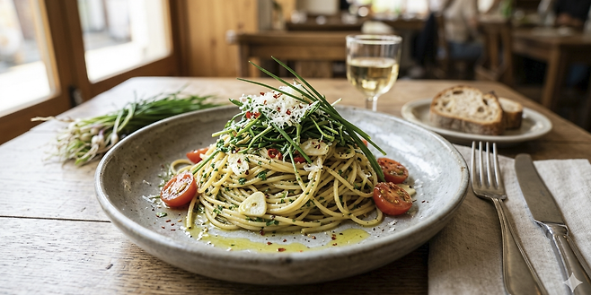 달래 오일 파스타의 가장 큰 매력은 깔끔한 맛이다. 마늘과 올리브오일이 어우러진 기본적인 알리오 올리오의 풍미에 달래 특유의 알싸하고 산뜻한 향이 더해지면서 느끼함을 잡아준다. 구글 '제미나이' 생성 이미지