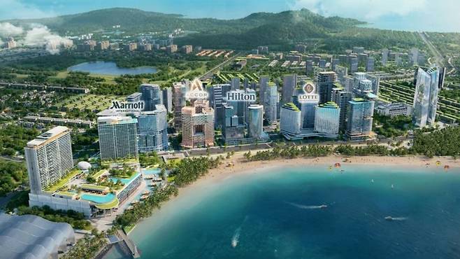 An aerial rendering of hotels planned for a seaside special zone, featuring 15 beachfront high-rises with about 6,500 rooms (Sun Group)
