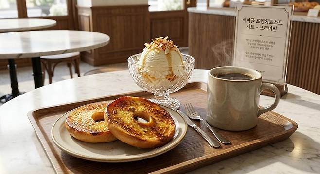 AI로 기획하고 생성한 베이글 프렌치토스트 세트 메뉴 이미지. AI가 폐기가 많은 식재료를 활용해 가성비와 마진을 동시에 잡을 수 있는 세트 메뉴를 기획해준 사례다. (배문진 제이디브랜딩 대표 제공)