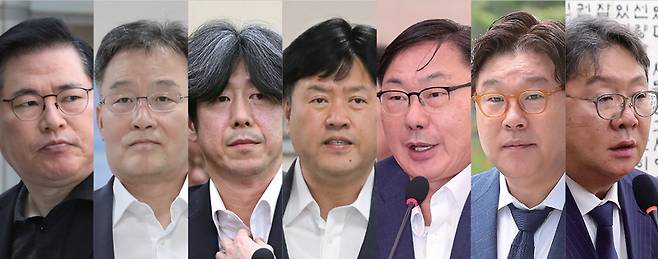 왼쪽부터 유동규 전 성남도시개발공사 기획본부장, 화천대유자산관리 대주주 김만배, 남욱 변호사, 김용 전 민주연구원 부원장, 이화영 전 경기도 평화부지사, 김성태 전 쌍방울그룹 회장, 방용철 전 쌍방울 부회장 ⓒ시사저널 포토·연합뉴스