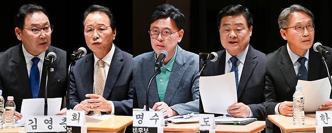 (왼쪽부터)&nbsp;김영춘·명노희·이명수·이병도·한상경 예비후보. 사진=김주형 기자.&nbsp;