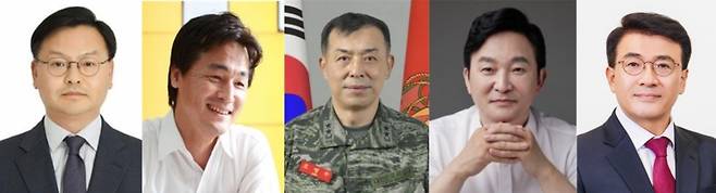 서귀포시 선거구 국회의원 보궐선거 출마 예상자들. 왼쪽부터 더불어민주당 김성범 해수부 차관, 고유기 청와대 행정관, 조영수 전 해병대 2사단장, 국민의힘 원희룡 전 제주도지사, 고기철 제주도당 위원장.