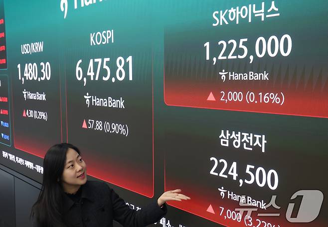 23일 오후 서울 중구 하나은행 딜링룸 전광판에 삼성전자와 SK하이닉스 종가가 표시되고 있다. 2026.4.23 ⓒ 뉴스1 오대일 기자