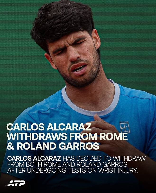 오른손목 부상을 클레이코트 시즌을 조기에 마감한 알카라스. ATP 투어