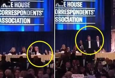 25일 워싱턴D.C. 힐튼호텔에서 열린 백악관 출입기자단 만찬 행사 도중 총성이 들리자 경호원이 도널드 트럼프(왼쪽) 대통령이 있는 연단에 올라서 경호하고 있다. /엑스