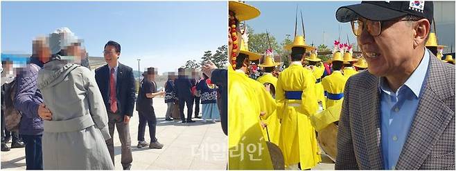 곽규택(왼쪽 사진) 국민의힘 의원이 25일 부산 북항 친수공원 내 하늘광장에서 개최된 '2026 조선통신사 축제'에 참석해 시민들과 인사를 나누고 있다. 오른쪽은 박형준 부산광역시장이 조선통신사 행렬을 보고 있는 모습. ⓒ데일리안 김민석 기자