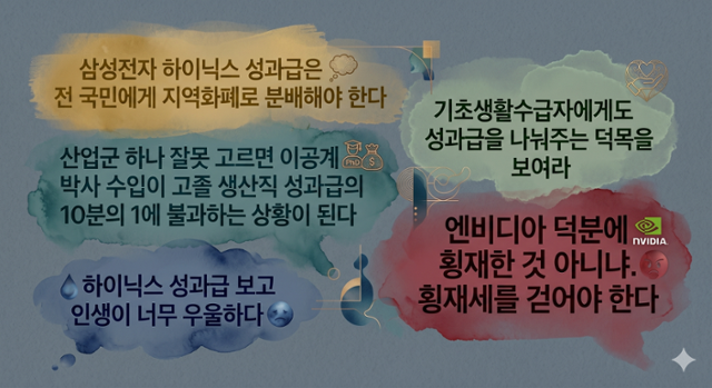 SK하이닉스 내년도 성과급 전망치를 두고 직장인 익명 커뮤니티 '블라인드'에서 제기된 의견들. 그래픽=이현주 기자·제미나이 제작