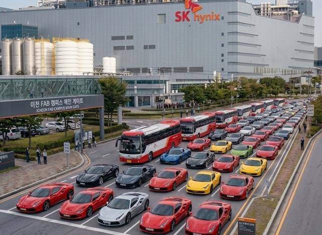 SK하이닉스 내년도 성과급이 1인당 약 13억 원에 이를 것이라는 예상이 나오면서 온라인 커뮤니티에는 SK하이닉스 임직원들이 페라리 신차를 구매해 출근하는 장면을 상상한 이미지도 확산하고 있다. 그래픽=이현주 기자·제미나이 제작
