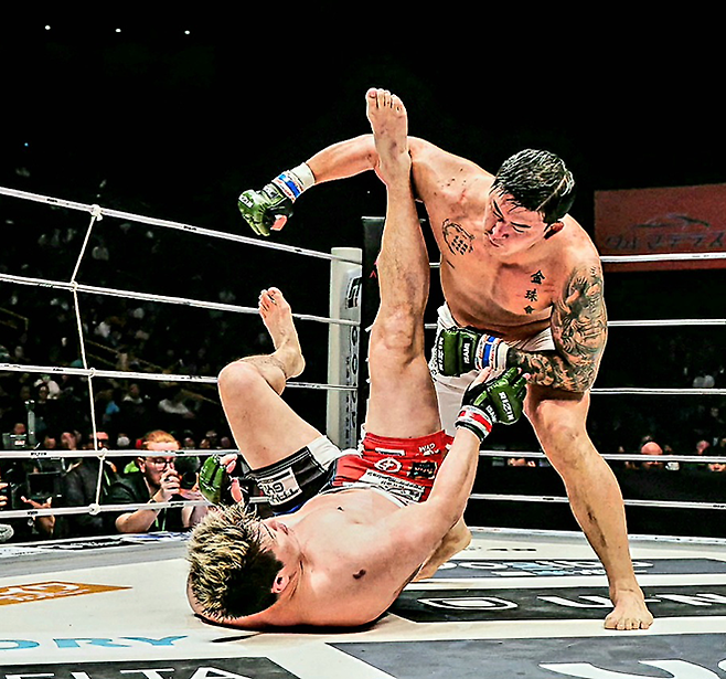 로드FC 라이트헤비급 및 헤비급 챔피언 김태인이 2024년 일본 사이타마 슈퍼 아레나 라이진 연말 대회에서 극진 공수도 마쓰이파 세계선수권대회 금메달리스트 우에다 미키오를 넘어뜨린 후 공격하고 있다. 사진=RIZIN FF