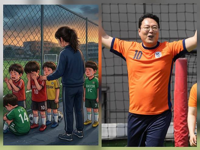 26일 정장 대신 축구복을 입고 부산 연제구의 한 풋살장을 찾은 개혁신당 천하람 원내대표는 침묵하는 운동장을 향해 거침없는 비판을 쏟아냈다. 천하람 의원실 제공·제미나이(AI) 생성 이미지