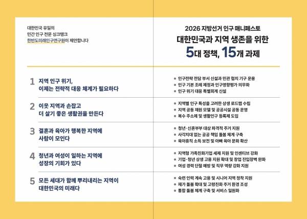 5대 정책 15개 과제 이미지. ⓒ한반도미래인구연구원