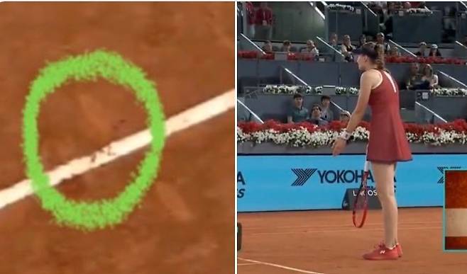 아웃된 볼이 전자라인판독에서 인으로 판명되자 항의하는 리바키나.