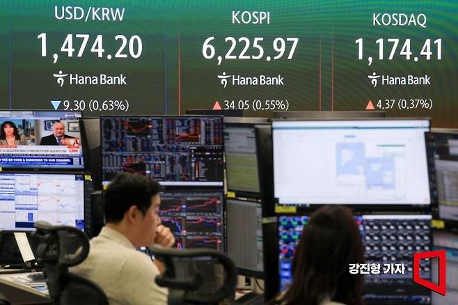 20일 서울 중구 하나은행 본점 딜링룸 전광판에 국내증시 지수가 표시돼 있다. 아시아경제DB