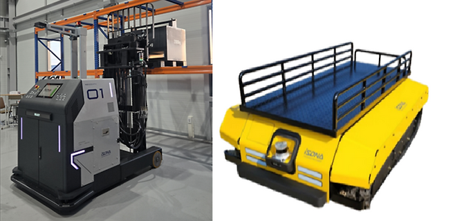 산업현장에 적용된 아이엠로보틱스의 무인자율주행지게차 AMR 제품(M2000-F4)과 실외용 제품(M500-OC 무한궤도타입)