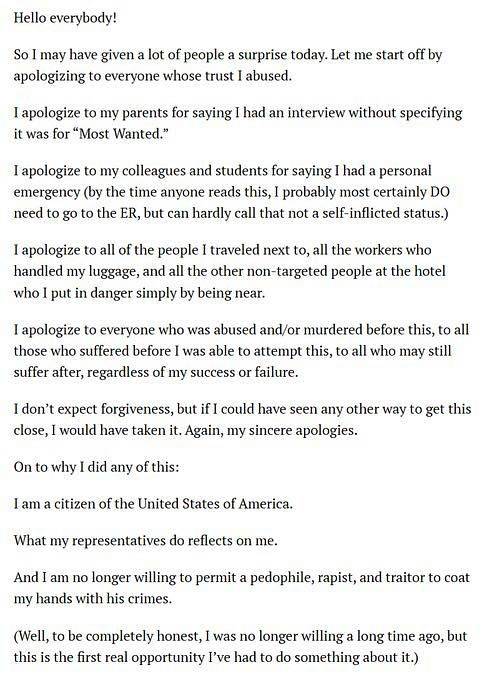 25일(현지시간) 미국 워싱턴 DC 한 호텔에서 열린 백악관 출입기자단 만찬 행사장에서 발생한 총격 사건의 용의자인 콜 토마스 앨런이 범행 약 10분 전 가족에게 보낸 선언문 형식의 글 맨 앞장. 미 뉴욕포스트가 해당 글 전문을 입수해 26일 공개했다. 사진 뉴욕포스트 캡처